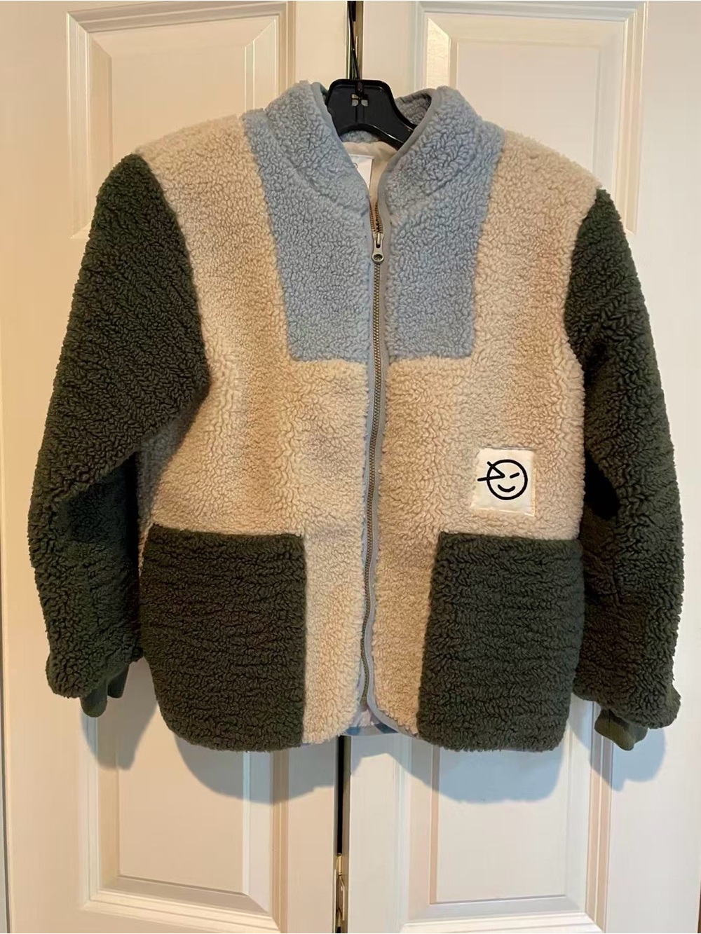Wynken Kids Colorblock Sherpa Jacket - Olive, Cream & Light Blue size 10Y
